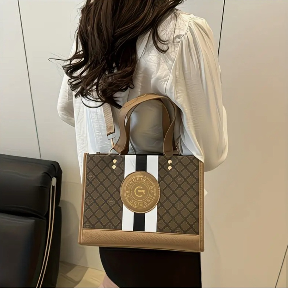 Monogram Stripe Tote Bag G Logo Medallion Top Handle Crossbody Shoulder Bag NIP - Picture 11 of 14